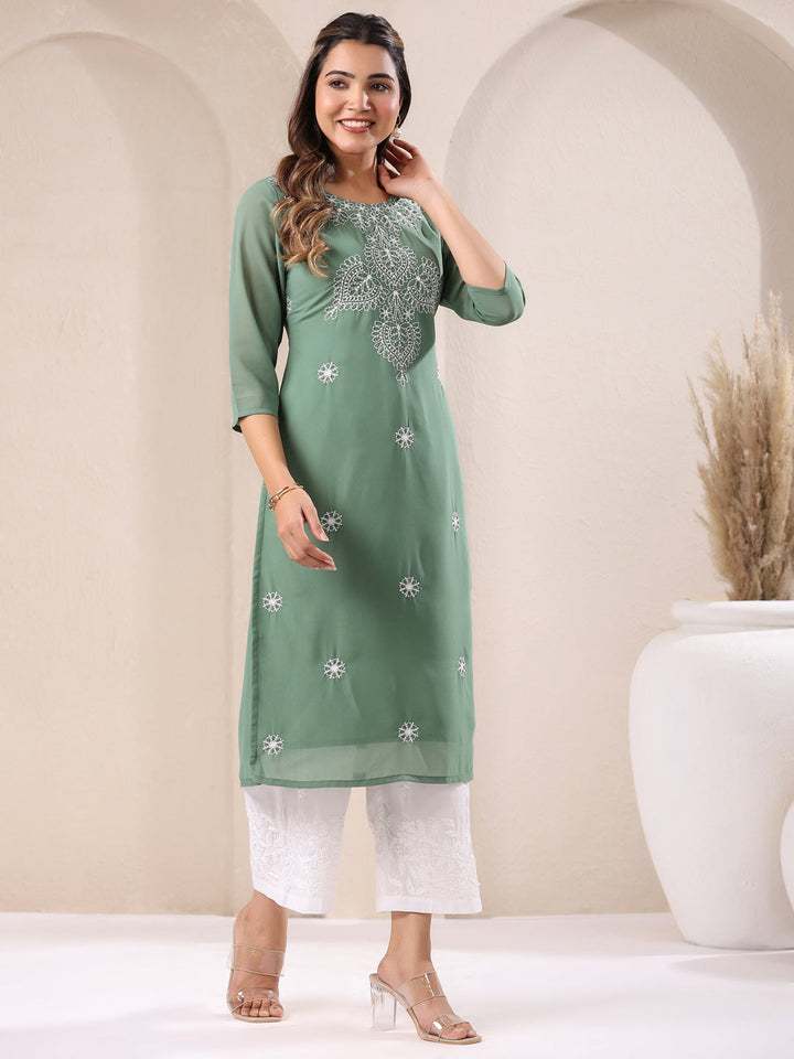 Sage Green Georgette Embroidered Straight Kurta Only