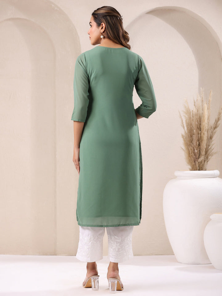 Sage Green Georgette Embroidered Straight Kurta Only