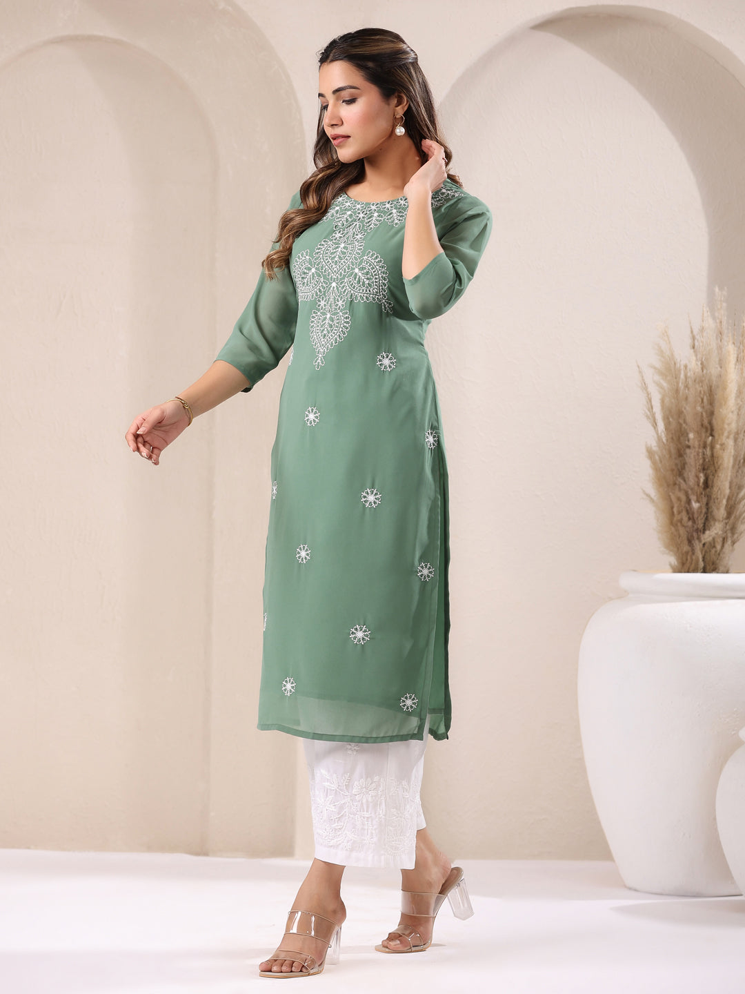 Sage Green Georgette Embroidered Straight Kurta Only