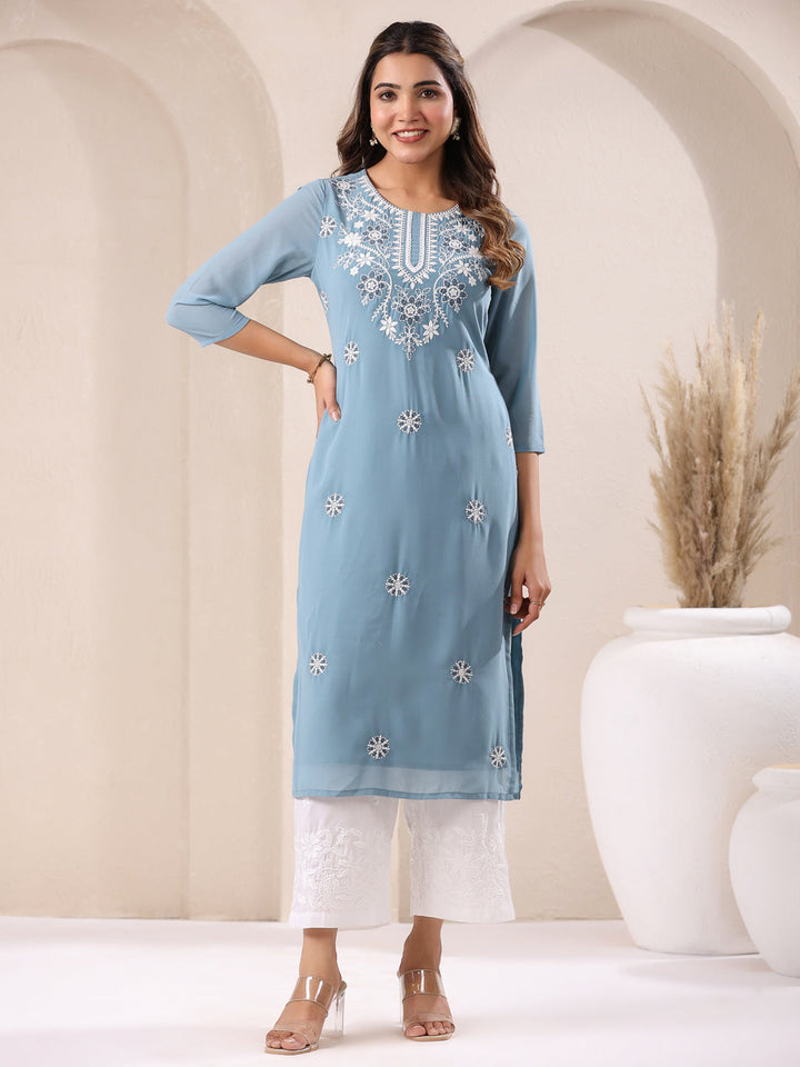 Light Blue Georgette Embroidered Straight Kurta Only