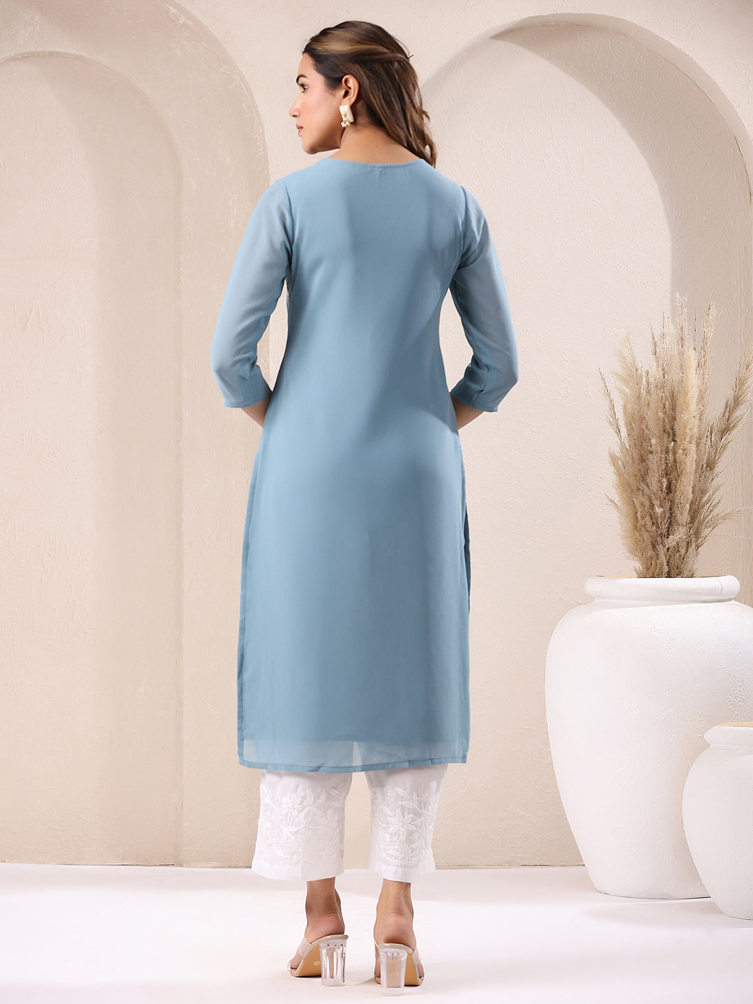 Light Blue Georgette Embroidered Straight Kurta Only