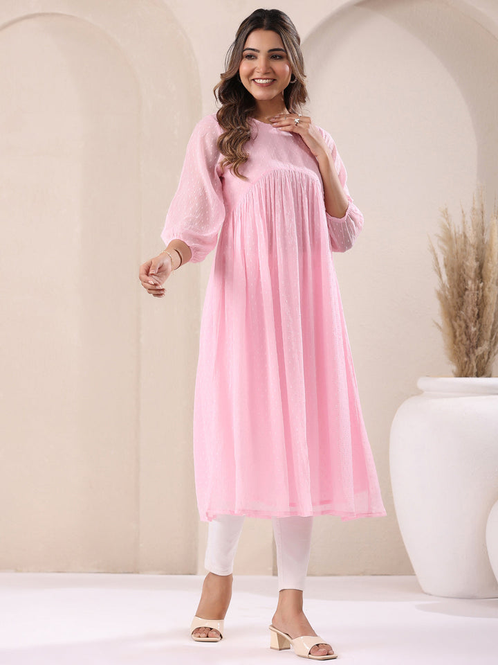 Pink Dobby Chiffon Alia Cut A-Line Kurta Only