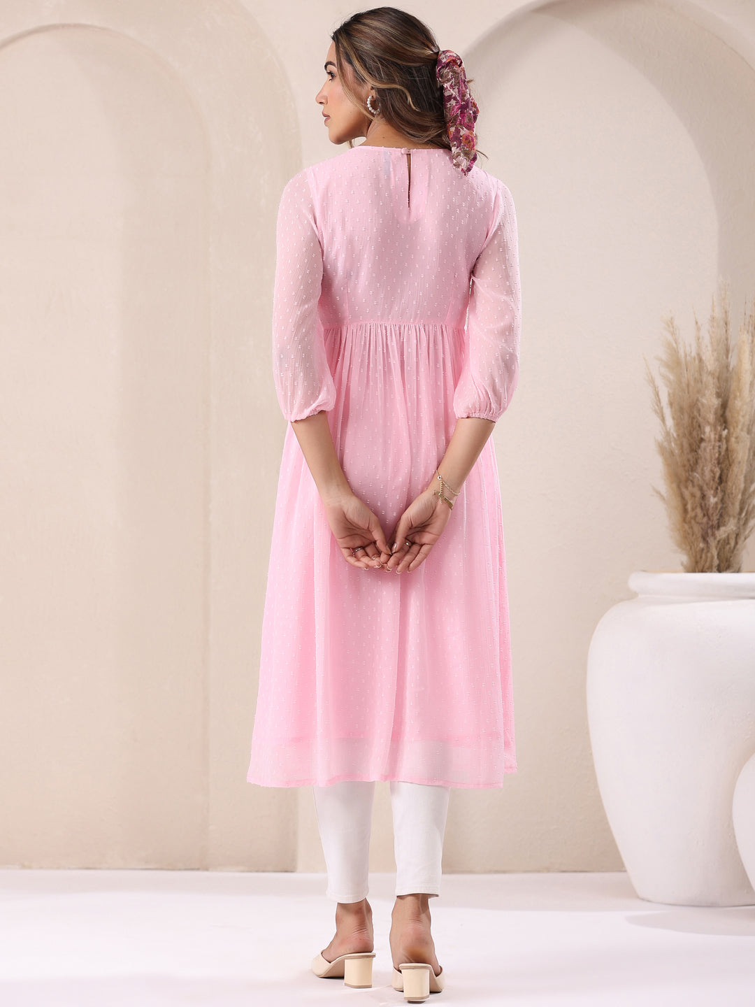 Pink Dobby Chiffon Alia Cut A-Line Kurta Only