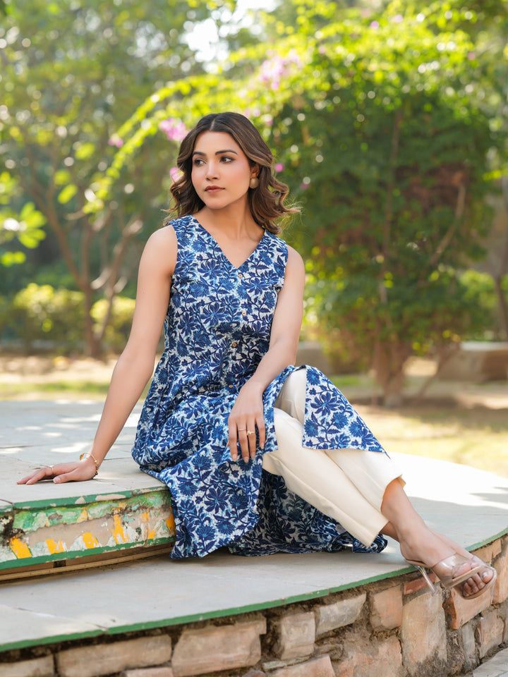 Blue Cotton Floral Sleeveless Kurta Only