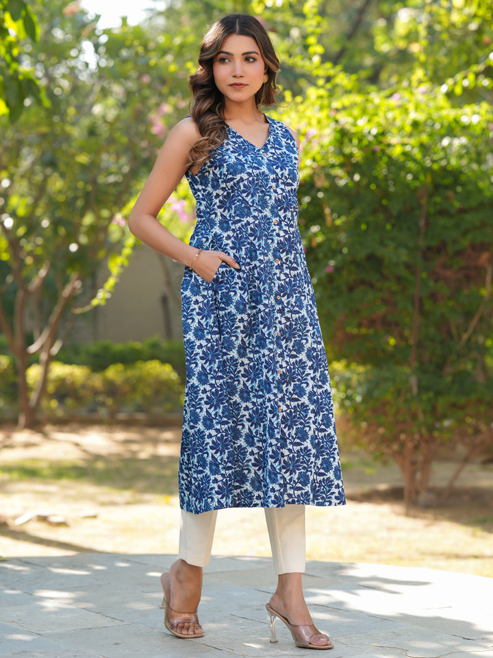 Blue Cotton Floral Sleeveless Kurta Only
