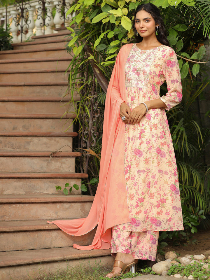 Peach Georgette A-Line Kurta Set With Dupatta