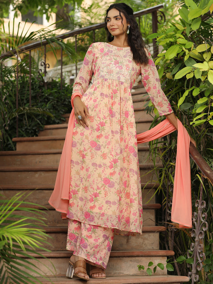 Peach Georgette A-Line Kurta Set With Dupatta