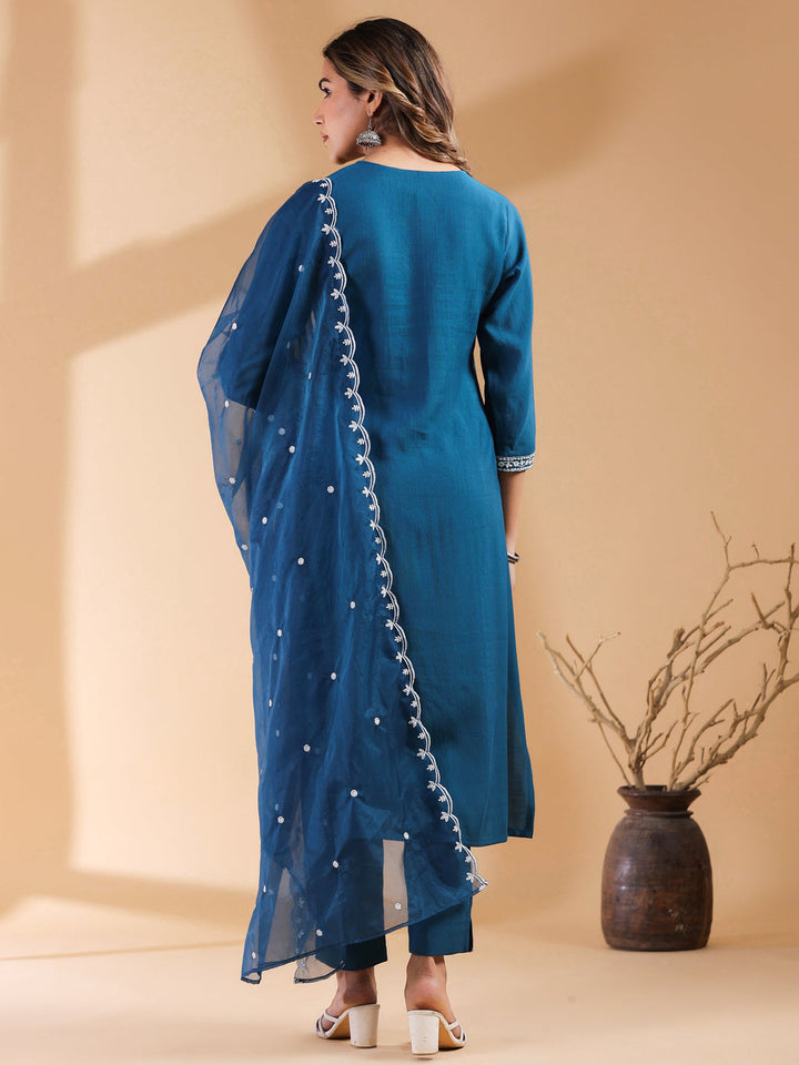 Teal Silk Blend Embroidered Kurta Set With Dupatta