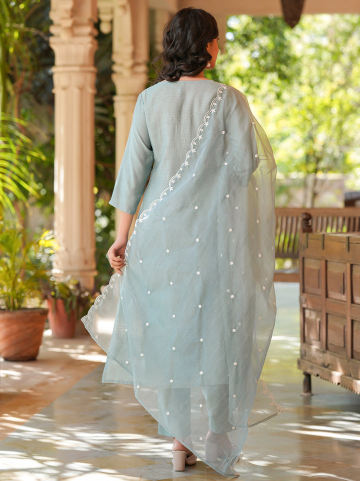 Light Blue Silk Blend Embroidered Kurta Set With Dupatta