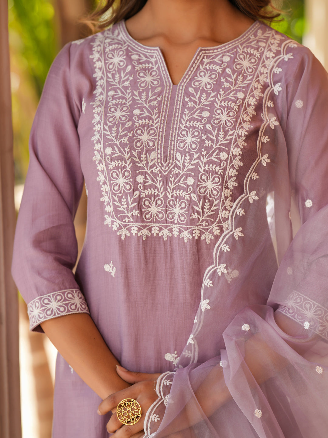 Lavender Silk Blend Straight Embroidered 3-Piece Kurta Set