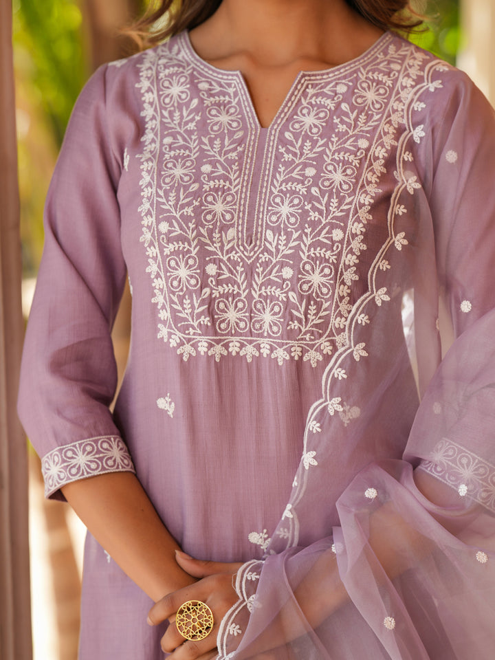 Lavender Silk Blend Straight Embroidered 3-Piece Kurta Set