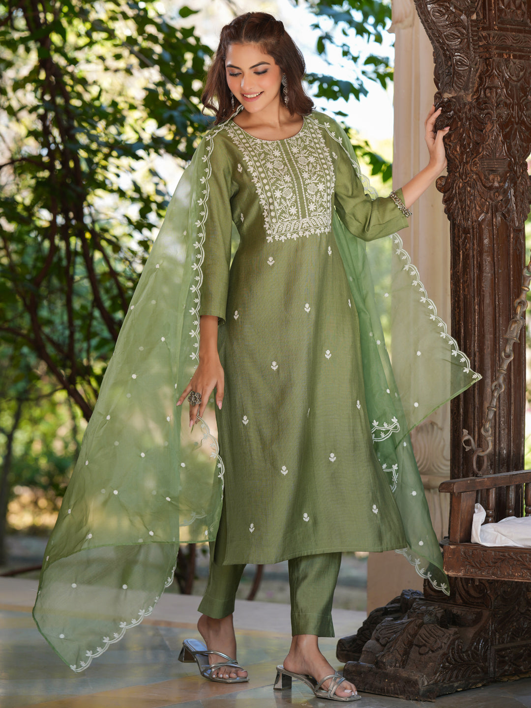 Sage Green Silk Blend Embroidered Kurta Set With Dupatta