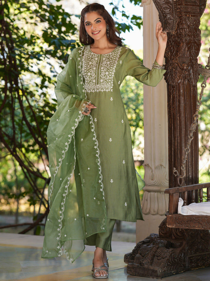 Sage Green Silk Blend Embroidered Kurta Set With Dupatta