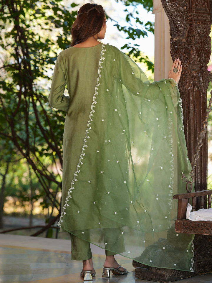 Sage Green Silk Blend Embroidered Kurta Set With Dupatta