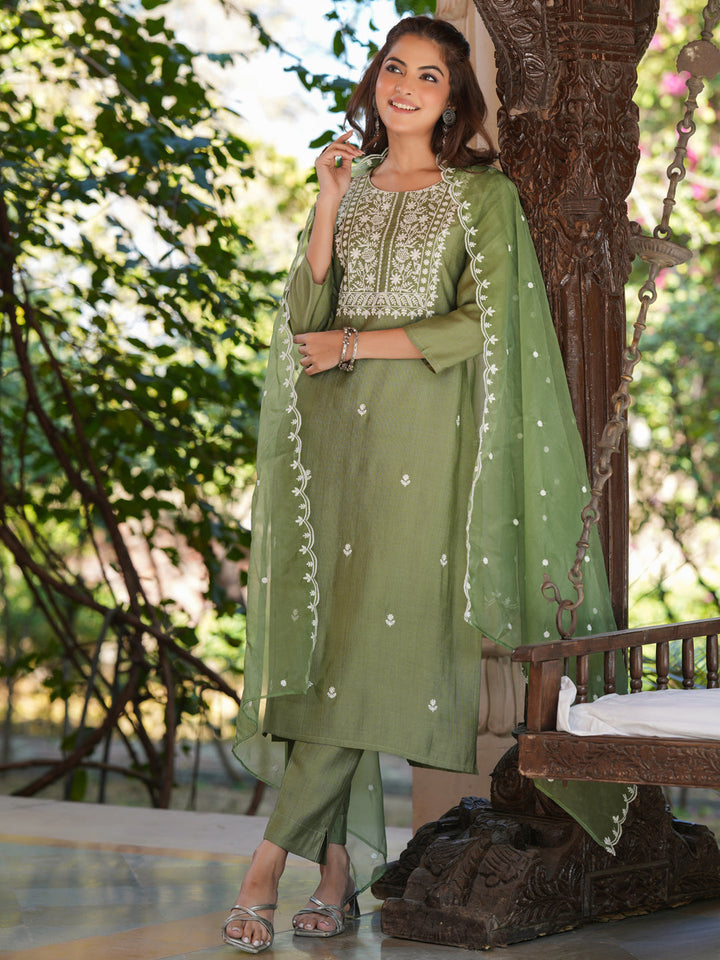 Sage Green Silk Blend Embroidered Kurta Set With Dupatta