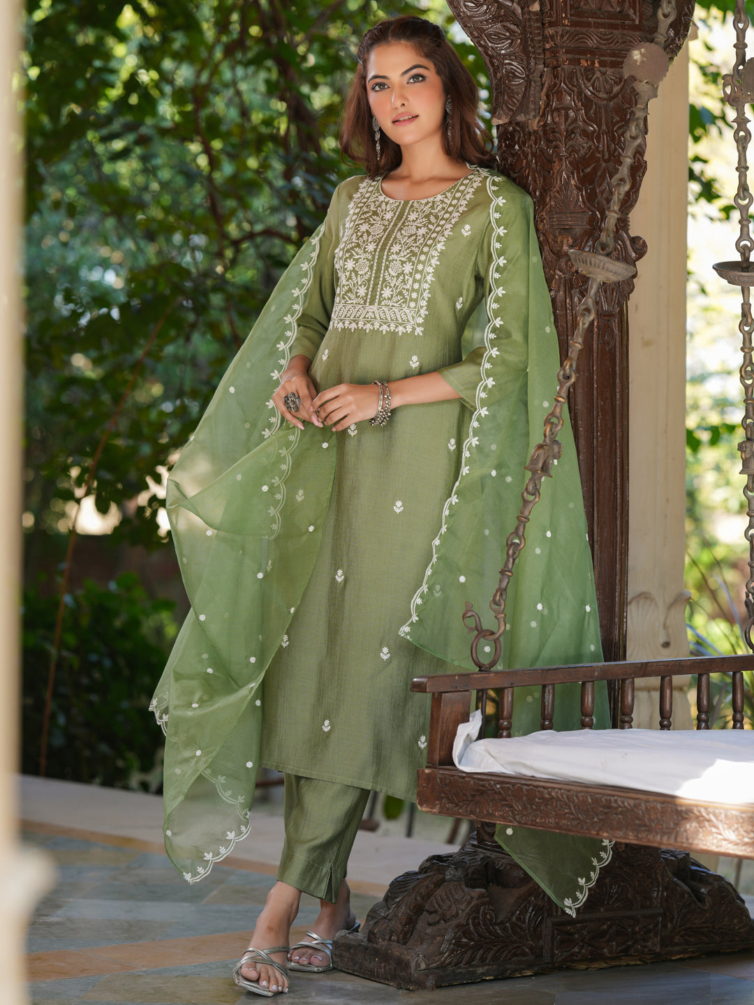 Sage Green Silk Blend Embroidered Kurta Set With Dupatta