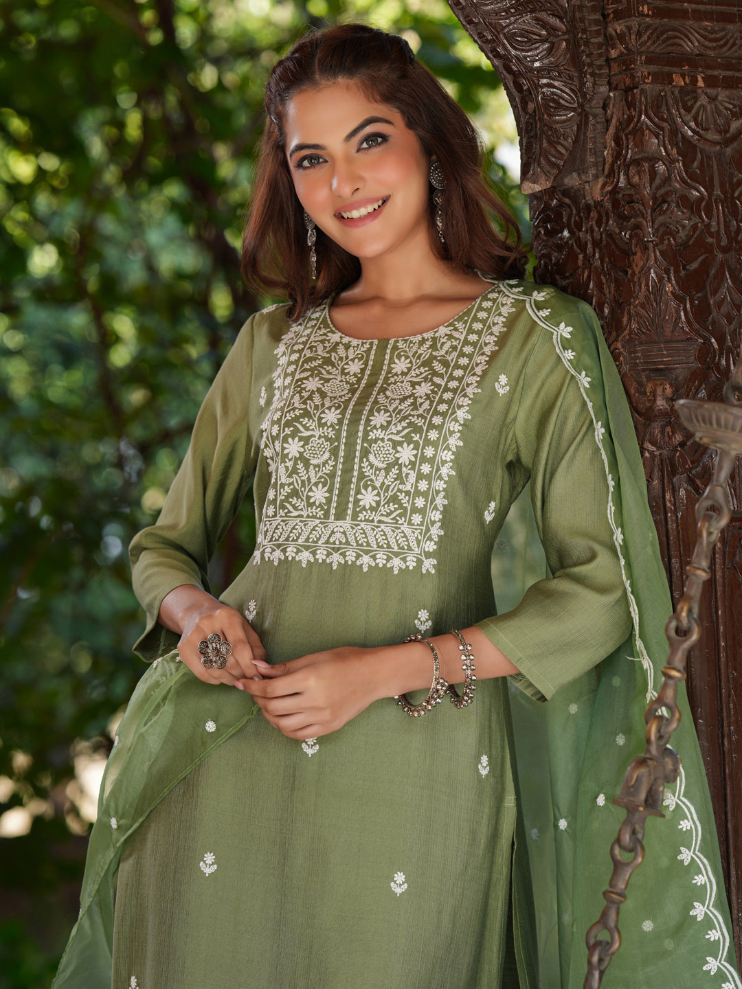 Sage Green Silk Blend Embroidered Kurta Set With Dupatta