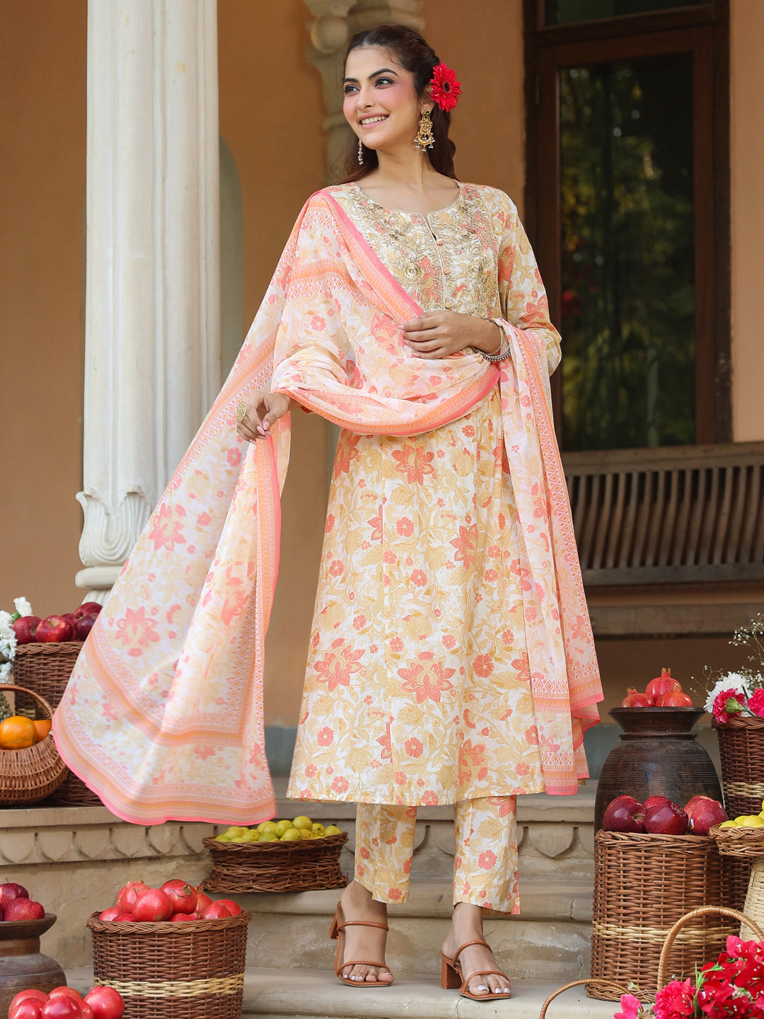 Cream-Cotton-A-Line-Floral-Printed-3-Piece-Kurta-Set