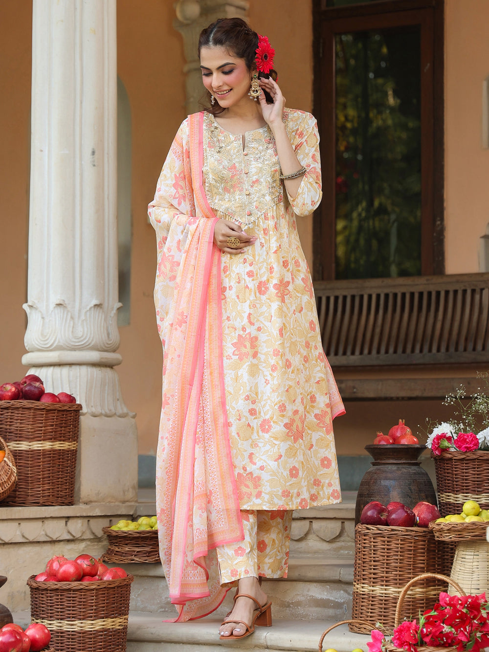 Cream-Cotton-A-Line-Floral-Printed-3-Piece-Kurta-Set