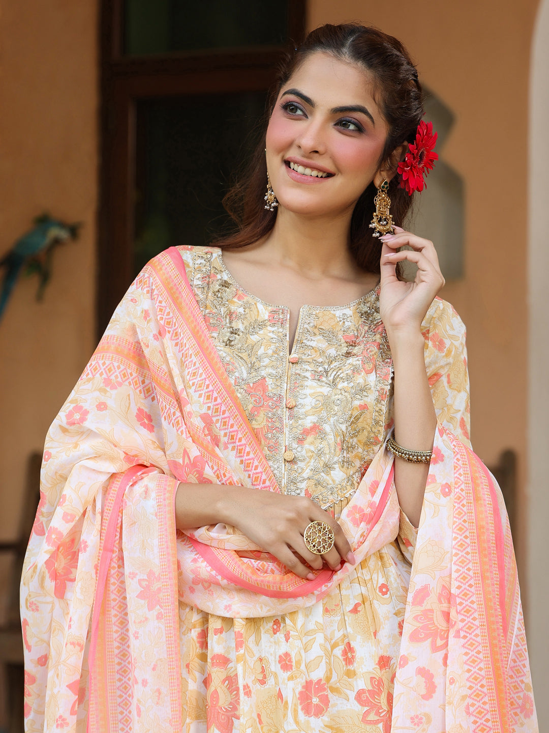 Cream-Cotton-A-Line-Floral-Printed-3-Piece-Kurta-Set