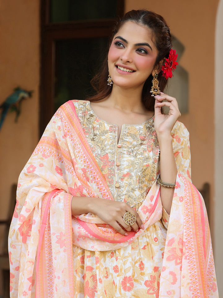 Cream-Cotton-A-Line-Floral-Printed-3-Piece-Kurta-Set