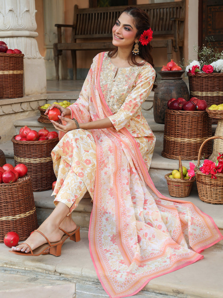Cream-Cotton-A-Line-Floral-Printed-3-Piece-Kurta-Set