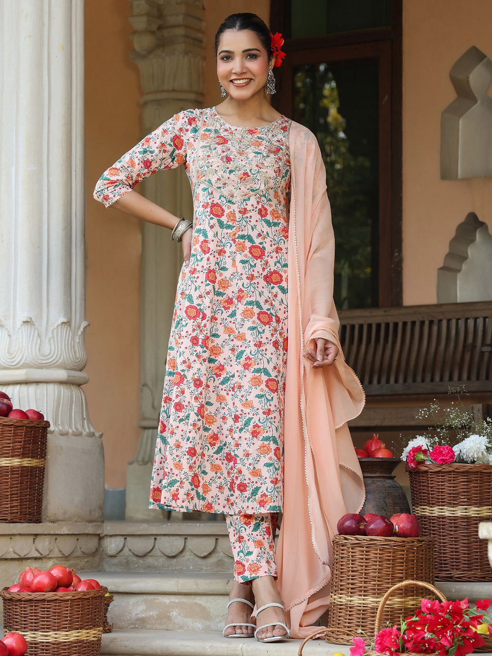 Peach-Cotton-Anarkali-Floral-Printed-Anarkali-Set