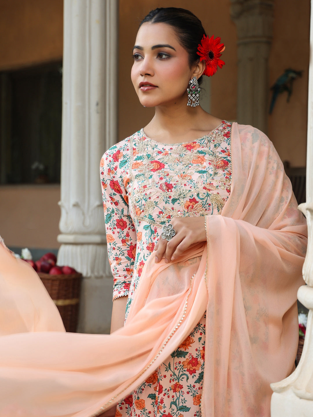 Peach-Cotton-Anarkali-Floral-Printed-Anarkali-Set