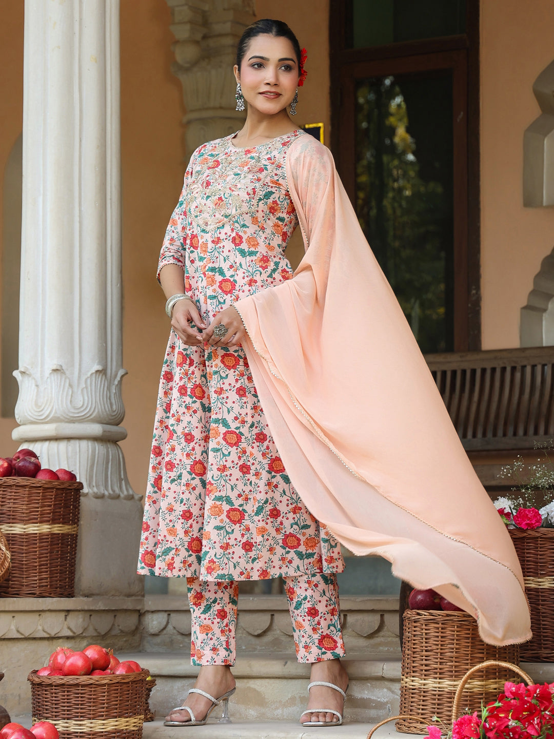 Peach-Cotton-Anarkali-Floral-Printed-Anarkali-Set
