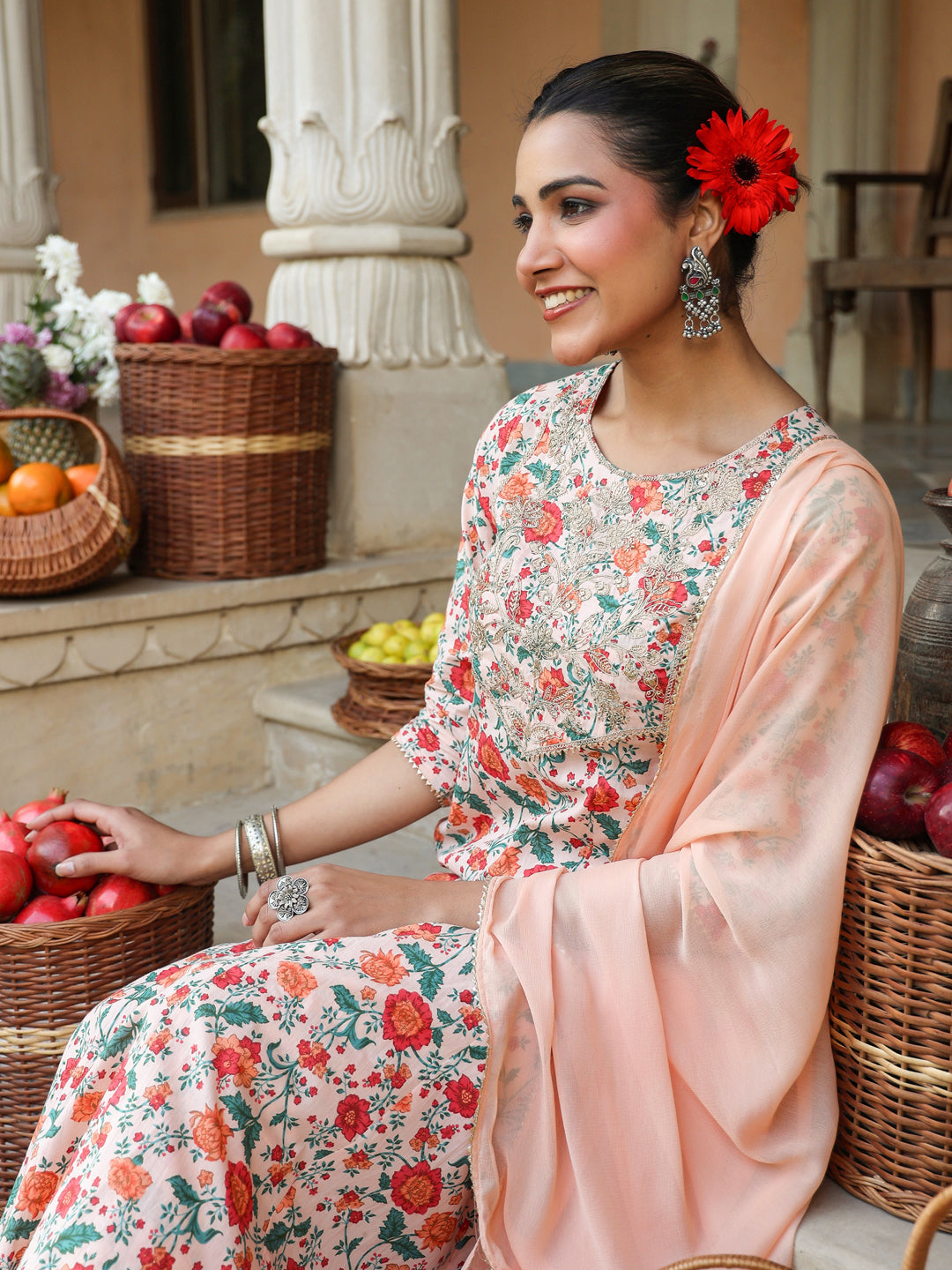 Peach-Cotton-Anarkali-Floral-Printed-Anarkali-Set