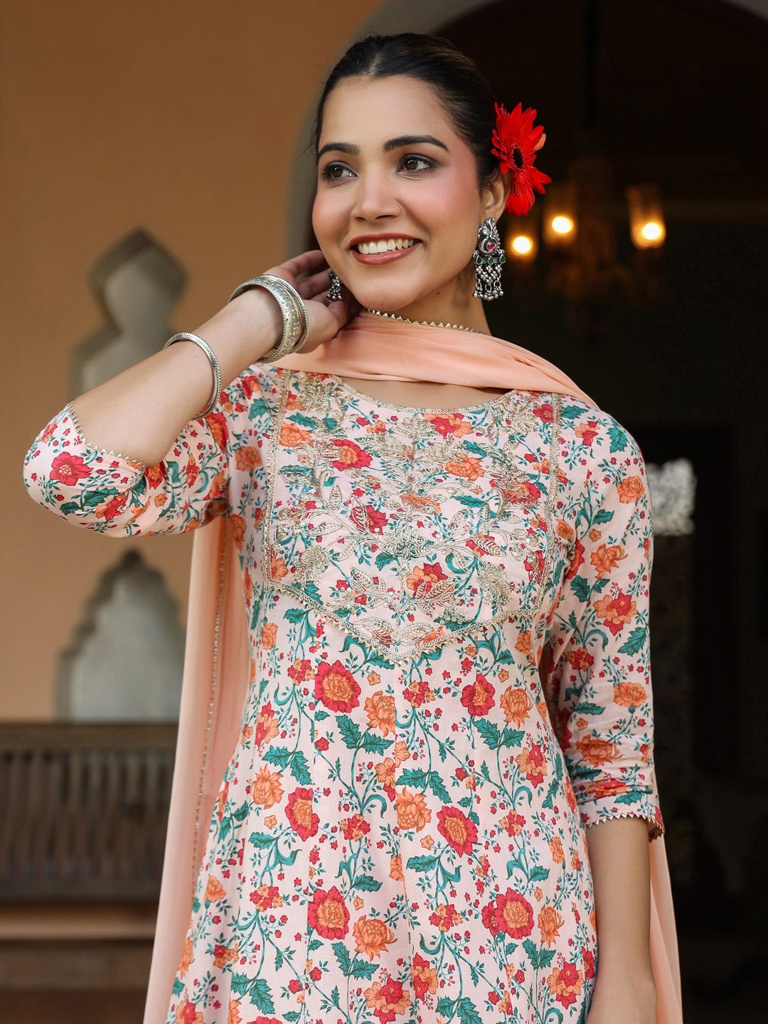 Peach-Cotton-Anarkali-Floral-Printed-Anarkali-Set