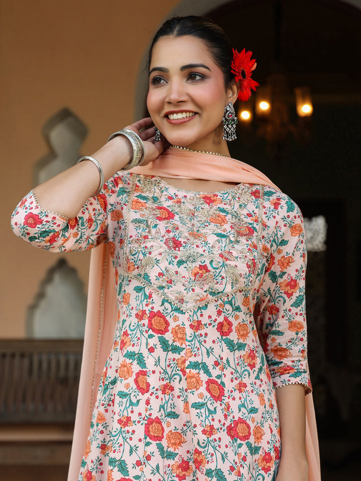 Peach-Cotton-Anarkali-Floral-Printed-Anarkali-Set