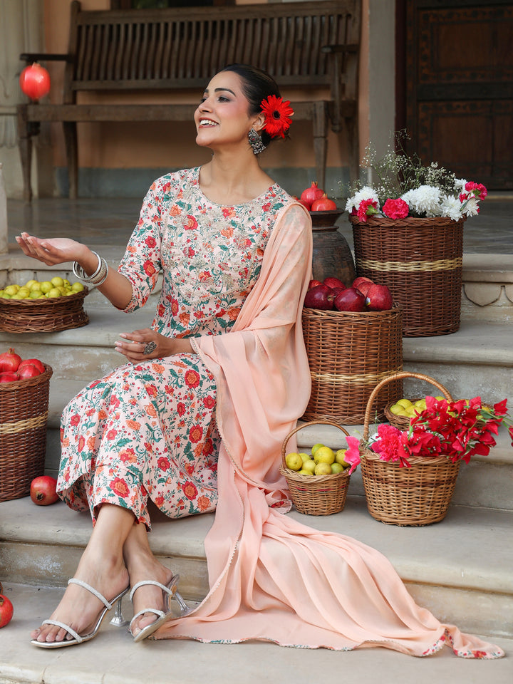 Peach-Cotton-Anarkali-Floral-Printed-Anarkali-Set