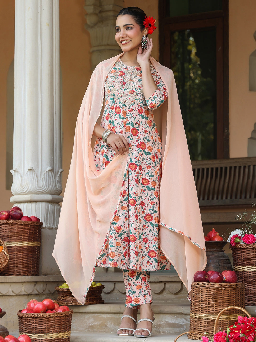 Peach-Cotton-Anarkali-Floral-Printed-Anarkali-Set