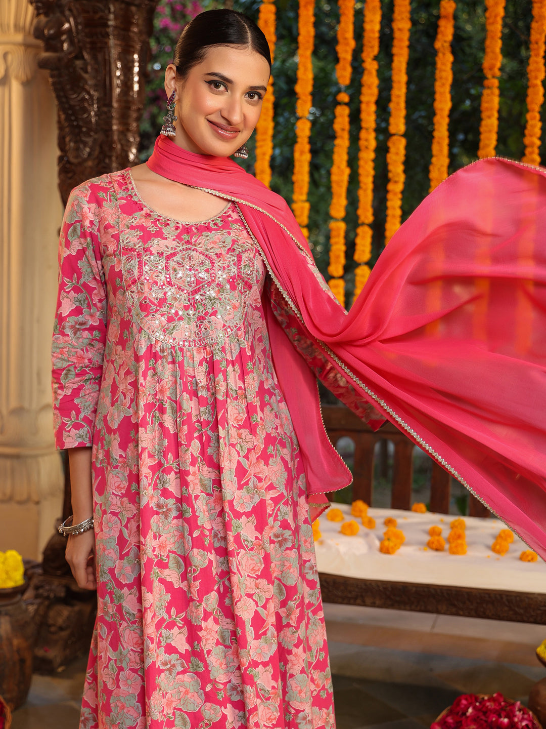 Pink-Cotton-A-Line-Yoke-Embroidered-3-Piece-Kurta-Set