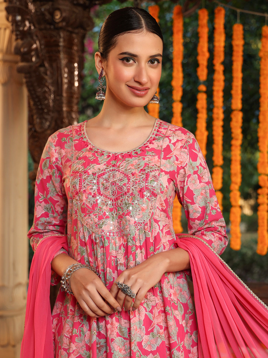 Pink-Cotton-A-Line-Yoke-Embroidered-3-Piece-Kurta-Set