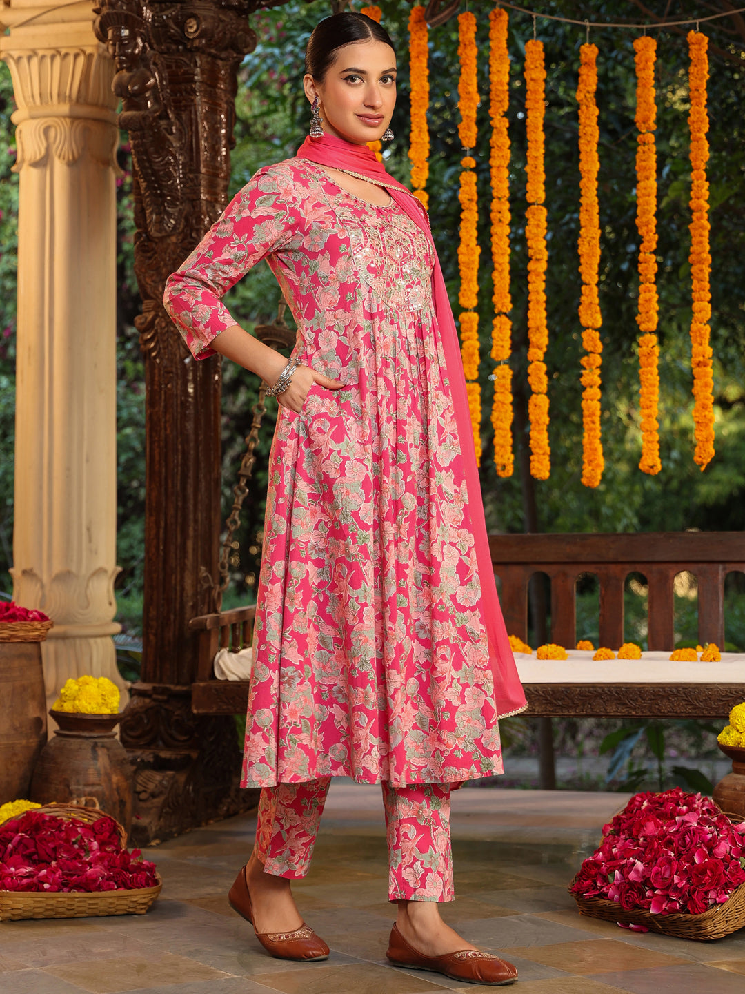 Pink-Cotton-A-Line-Yoke-Embroidered-3-Piece-Kurta-Set