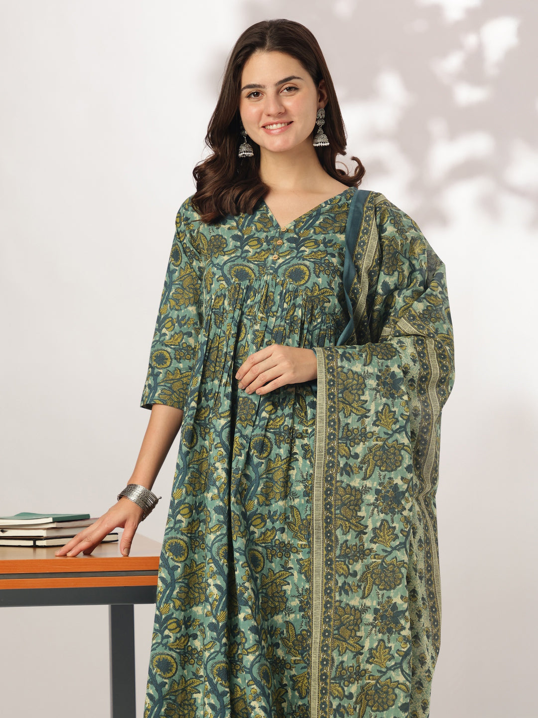 Sea-Green-Cotton-A-Line-Floral-Printed-3-Piece-Kurta-Set