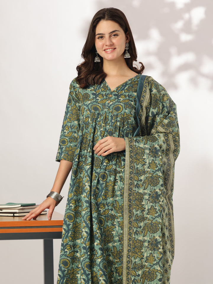 Sea-Green-Cotton-A-Line-Floral-Printed-3-Piece-Kurta-Set