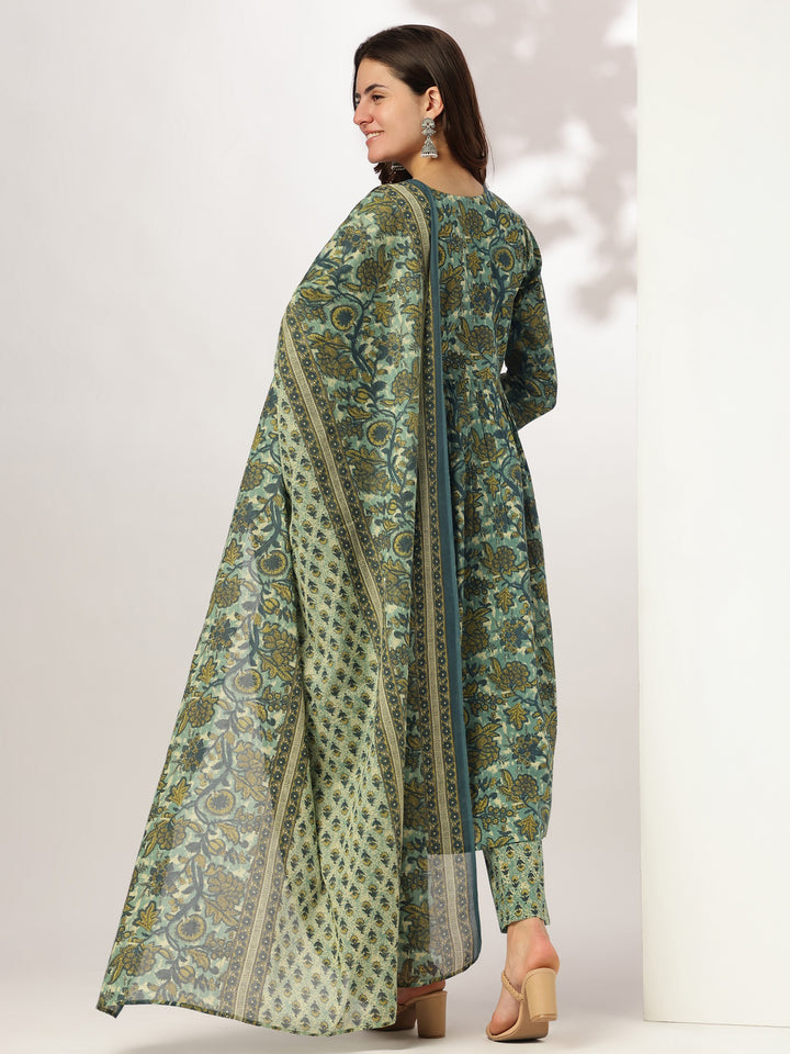Sea-Green-Cotton-A-Line-Floral-Printed-3-Piece-Kurta-Set