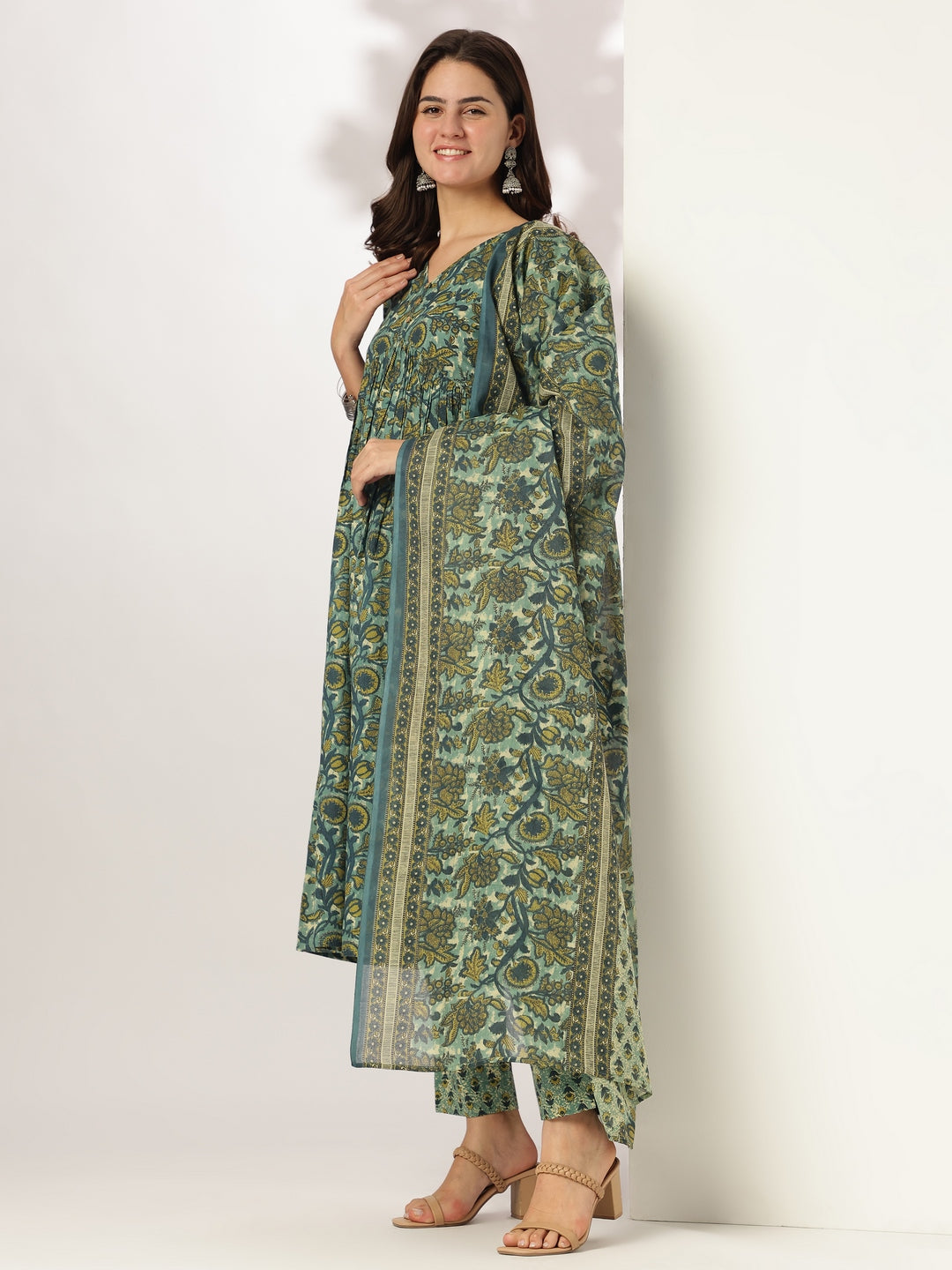 Sea-Green-Cotton-A-Line-Floral-Printed-3-Piece-Kurta-Set