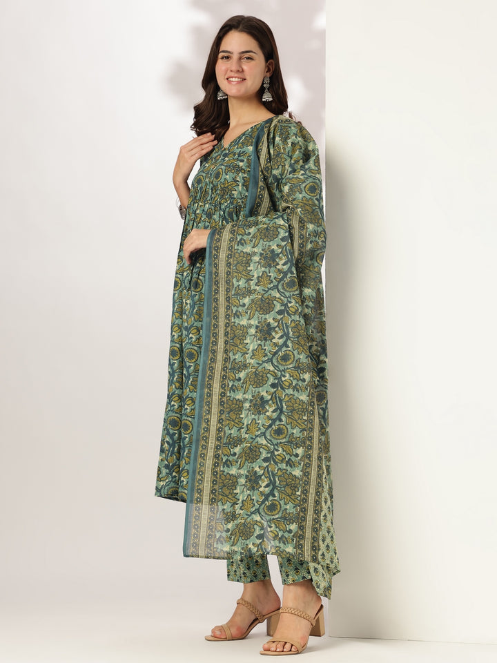 Sea-Green-Cotton-A-Line-Floral-Printed-3-Piece-Kurta-Set