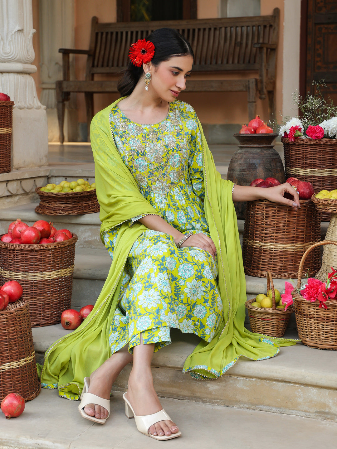 Lime-Green-Cotton-A-Line-Floral-Printed-3-Piece-Kurta-Set