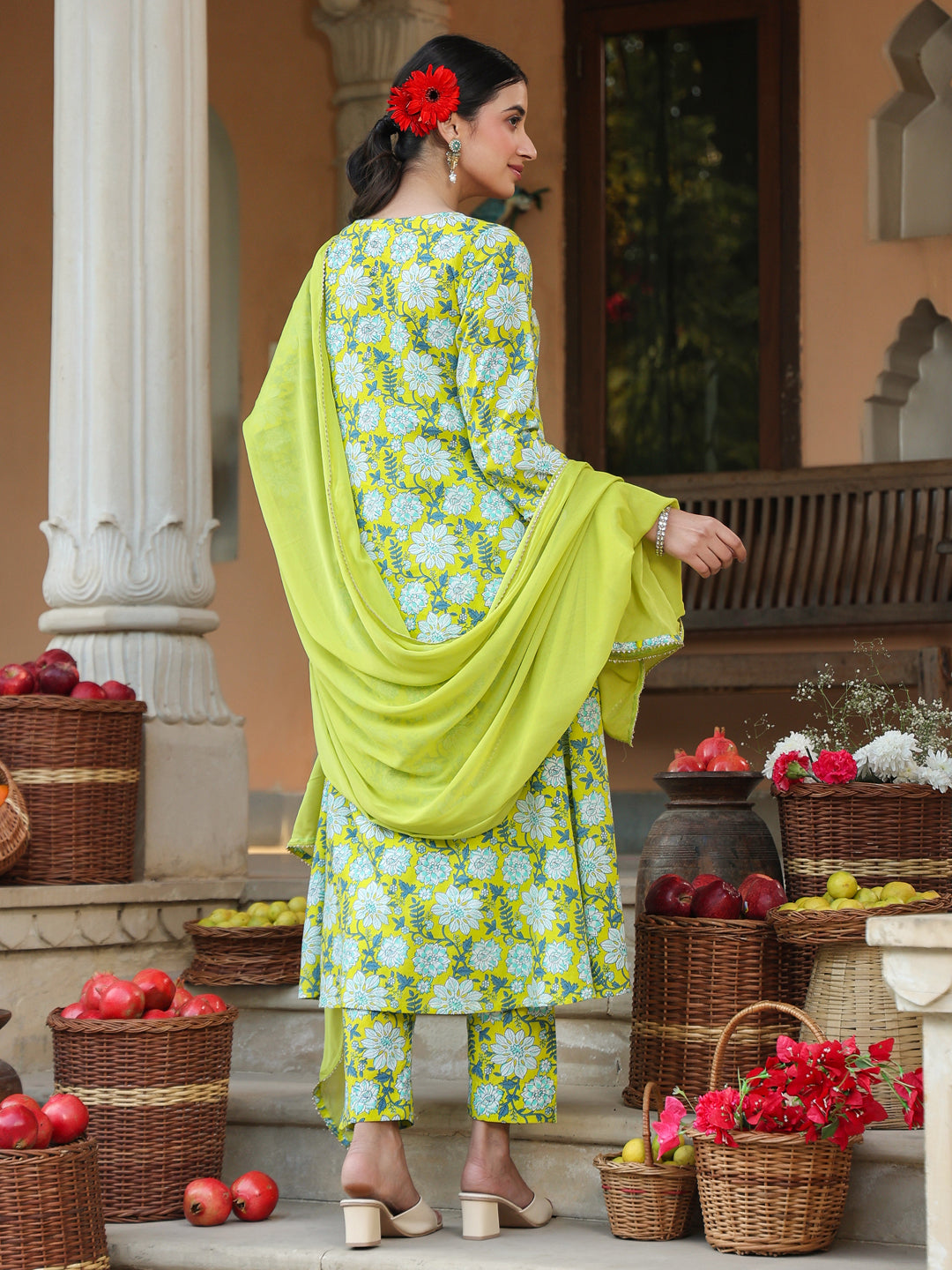 Lime-Green-Cotton-A-Line-Floral-Printed-3-Piece-Kurta-Set