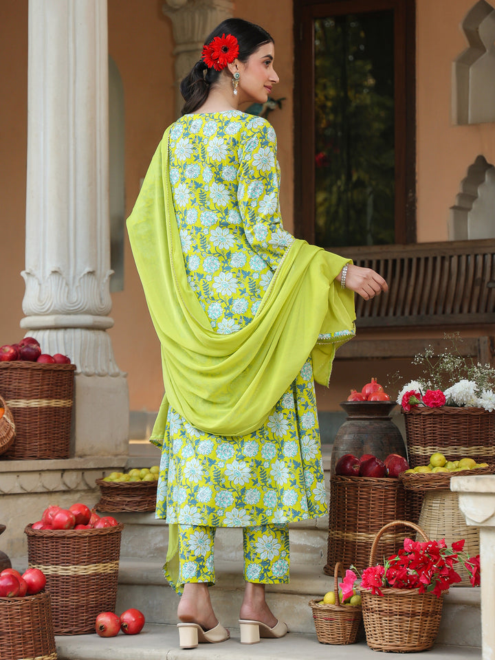 Lime-Green-Cotton-A-Line-Floral-Printed-3-Piece-Kurta-Set