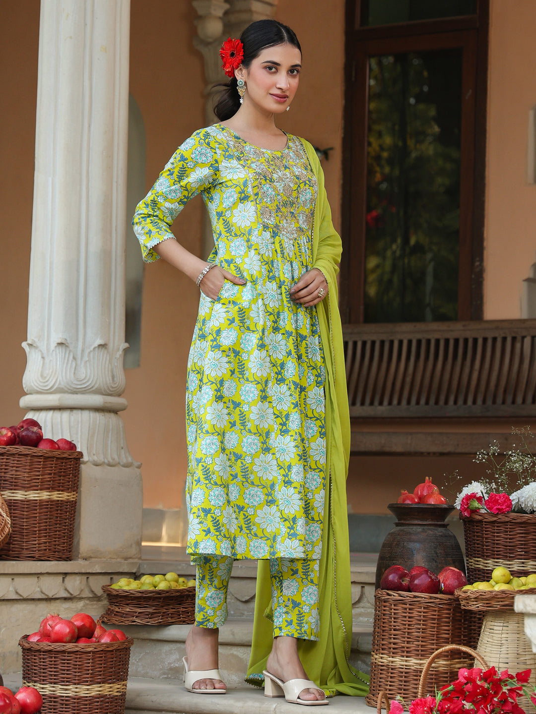 Lime-Green-Cotton-A-Line-Floral-Printed-3-Piece-Kurta-Set