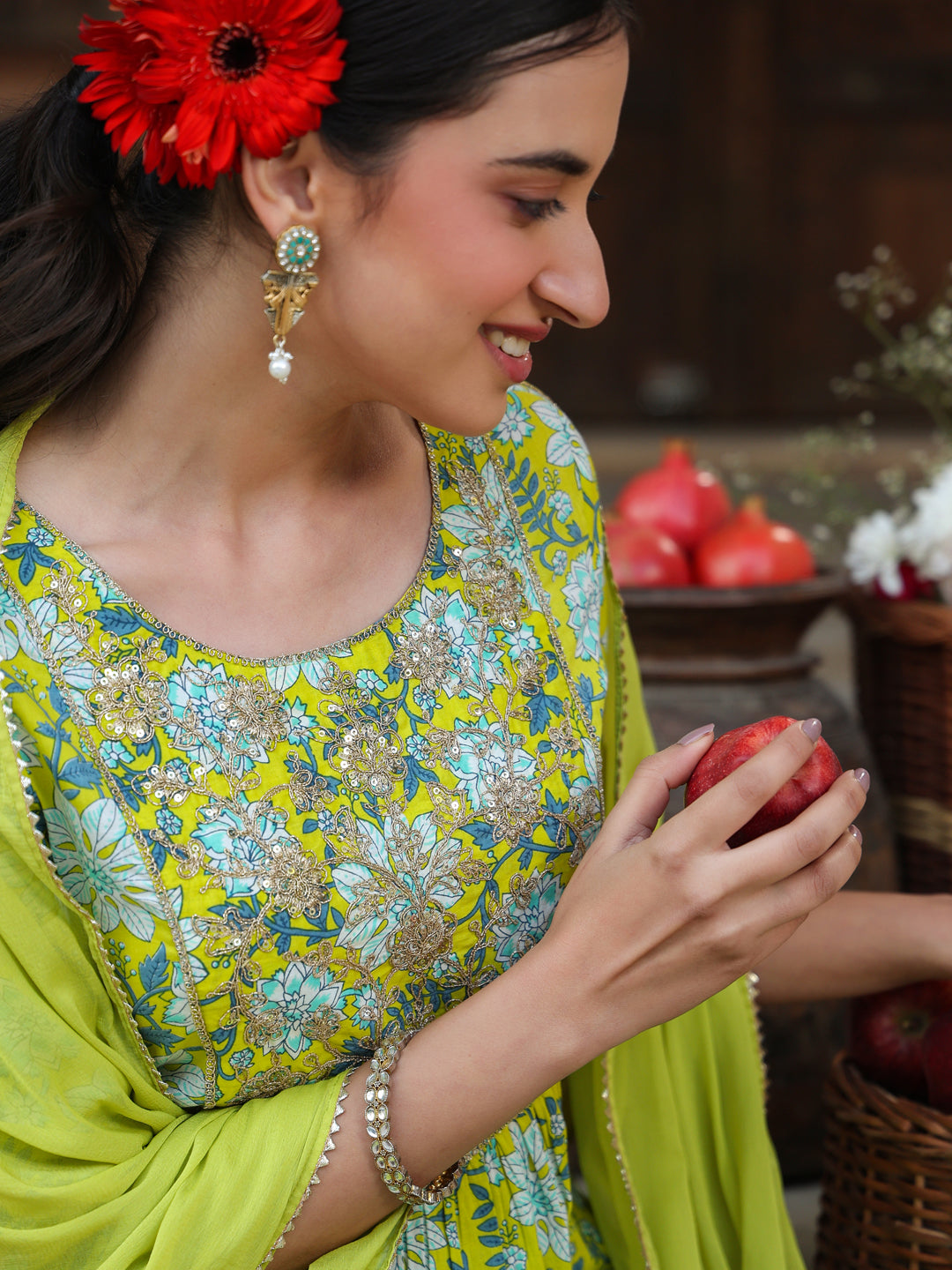 Lime-Green-Cotton-A-Line-Floral-Printed-3-Piece-Kurta-Set