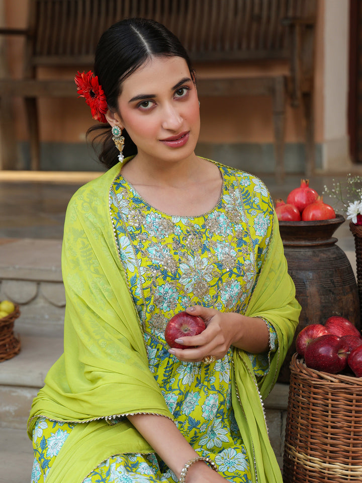 Lime-Green-Cotton-A-Line-Floral-Printed-3-Piece-Kurta-Set