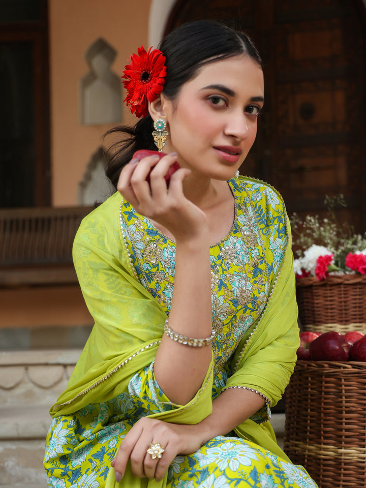 Lime-Green-Cotton-A-Line-Floral-Printed-3-Piece-Kurta-Set
