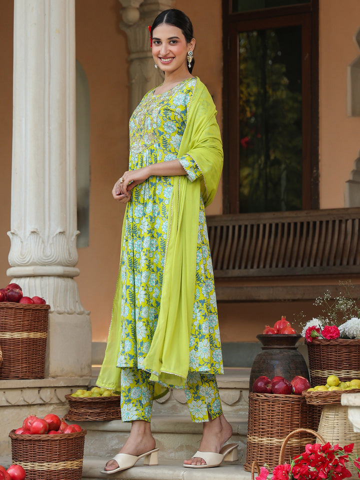 Lime-Green-Cotton-A-Line-Floral-Printed-3-Piece-Kurta-Set